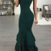  Sexy Dew Shoulder Falbala Design Green Polyester Ankle Length Dress