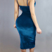  Sexy Hollow-out Blue Velvet Sheath Mid Calf Dress