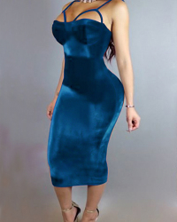  Sexy Hollow-out Blue Velvet Sheath Mid Calf Dress