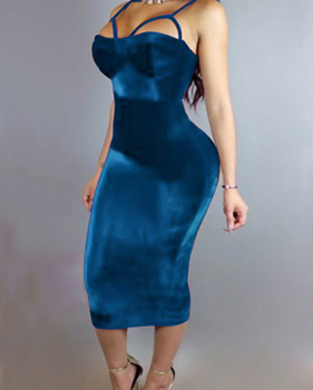  Sexy Hollow-out Blue Velvet Sheath Mid Calf Dress