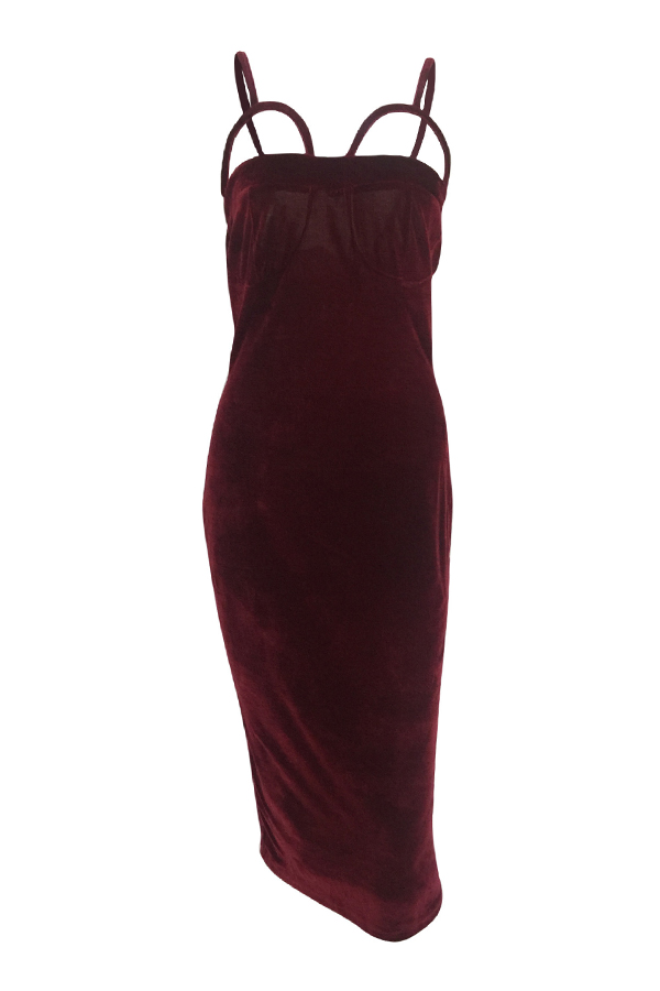  Sexy Hollow-out Wine Red Velvet Sheath Mid Calf Dress