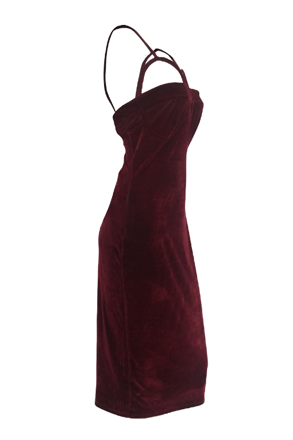  Sexy Hollow-out Wine Red Velvet Sheath Mid Calf Dress