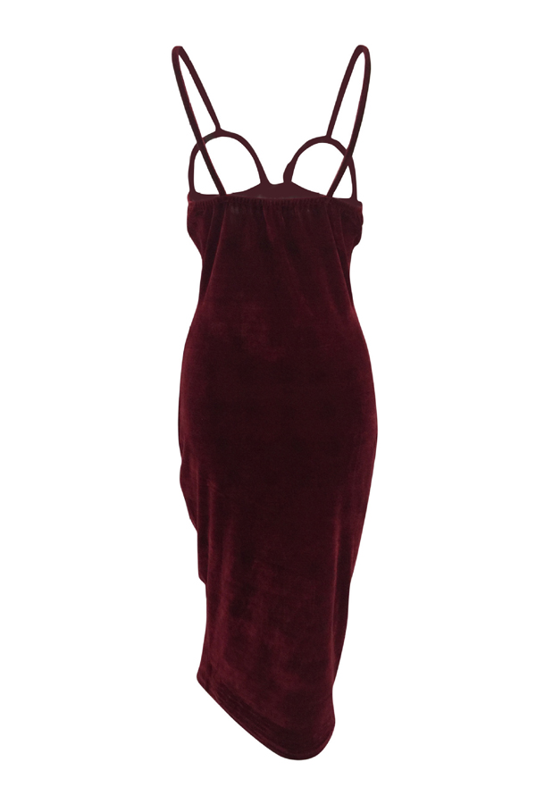  Sexy Hollow-out Wine Red Velvet Sheath Mid Calf Dress