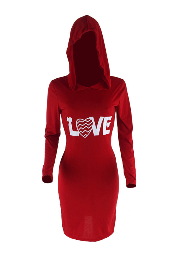  Sexy Hooded Collar Letters Printed Red Cotton Blend Knee Length Dress