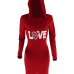  Sexy Hooded Collar Letters Printed Red Cotton Blend Knee Length Dress