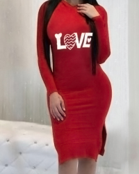  Sexy Hooded Collar Letters Printed Red Cotton Blend Knee Length Dress