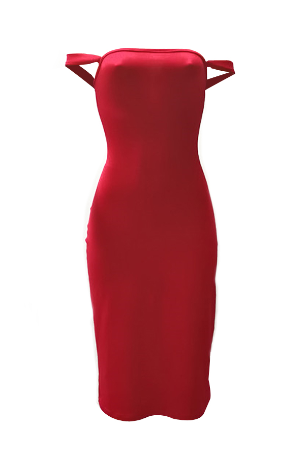  Sexy Lace-up Hollow-out Red Milk Fiber Sheath Knee Length Dress