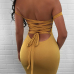  Sexy Lace-up Hollow-out Yellow Milk Fiber Sheath Knee Length Dress