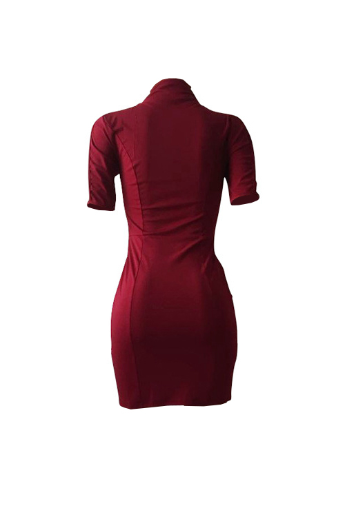  Sexy Mandarin Collar Hollow-out Wine Red Polyester Mini Dress