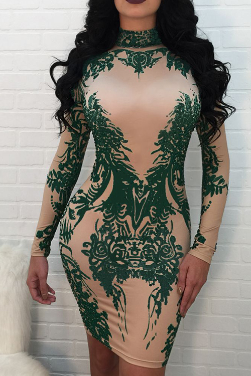  Sexy Mandarin Collar Printed Green Polyester Mini Dress