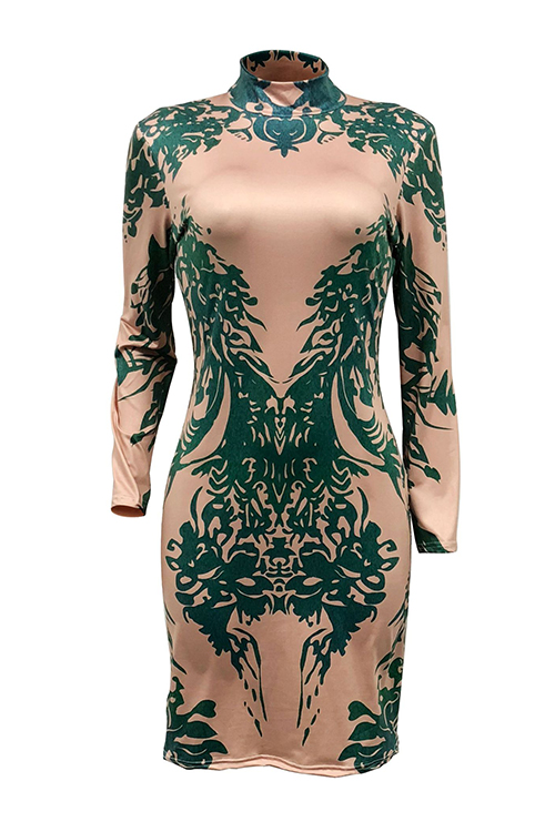  Sexy Mandarin Collar Printed Green Polyester Mini Dress