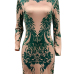  Sexy Mandarin Collar Printed Green Polyester Mini Dress