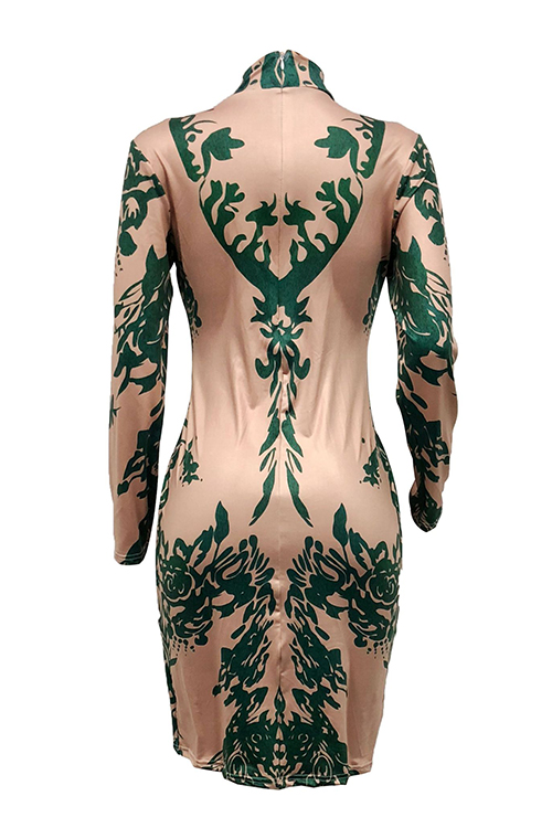  Sexy Mandarin Collar Printed Green Polyester Mini Dress