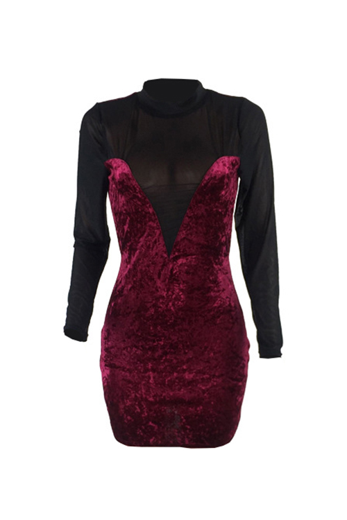  Sexy Round Neck Backless See-Through Wine Red Polyester Sheath Mini Dress