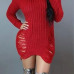  Sexy Round Neck Broken Holes Torn Edges Red Polyester Mini Dress