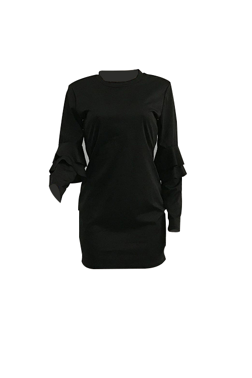  Sexy Round Neck Falbala Design Black Polyester Mini Bodycon Dress