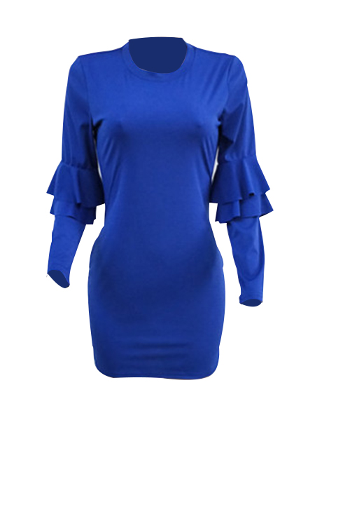  Sexy Round Neck Falbala Design Royalblue Polyester Mini Bodycon Dress