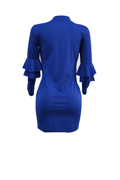  Sexy Round Neck Falbala Design Royalblue Polyester Mini Bodycon Dress