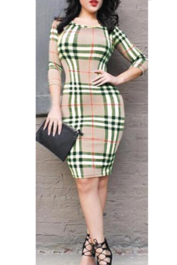  Sexy Round Neck Grid Printed Green Milk Fiber Sheath Knee Length Dress