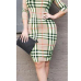  Sexy Round Neck Grid Printed Green Milk Fiber Sheath Knee Length Dress