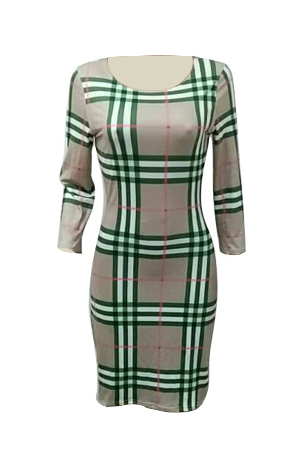  Sexy Round Neck Grid Printed Green Milk Fiber Sheath Knee Length Dress