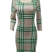  Sexy Round Neck Grid Printed Green Milk Fiber Sheath Knee Length Dress