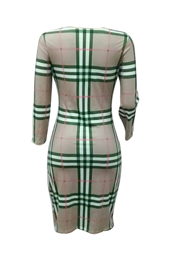  Sexy Round Neck Grid Printed Green Milk Fiber Sheath Knee Length Dress