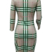  Sexy Round Neck Grid Printed Green Milk Fiber Sheath Knee Length Dress