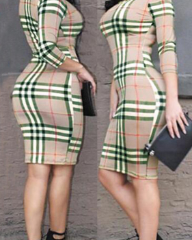  Sexy Round Neck Grid Printed Green Milk Fiber Sheath Knee Length Dress