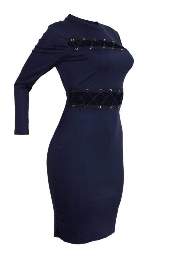  Sexy Round Neck Hollow-out Blue Healthy Fabric Sheath Knee Length Dress