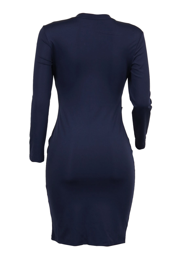  Sexy Round Neck Hollow-out Blue Healthy Fabric Sheath Knee Length Dress