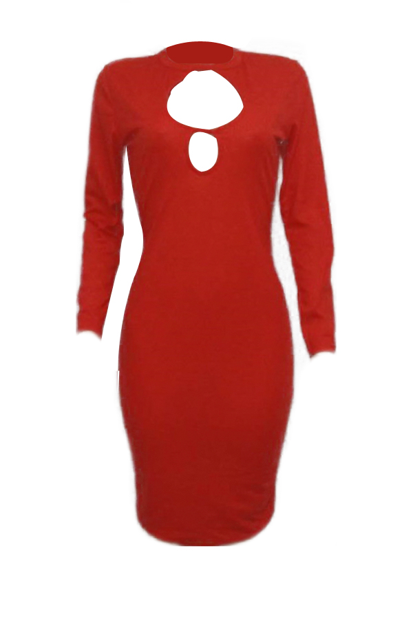  Sexy Round Neck Hollow-out Red Polyester Sheath Knee Length Dress