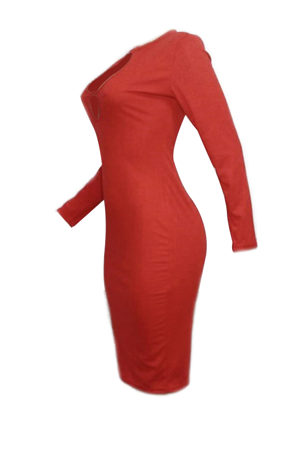  Sexy Round Neck Hollow-out Red Polyester Sheath Knee Length Dress