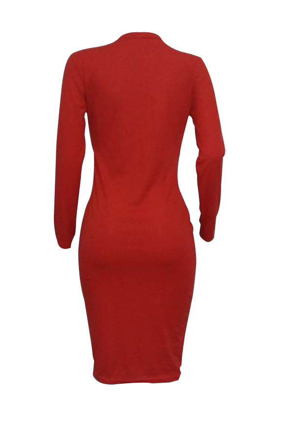  Sexy Round Neck Hollow-out Red Polyester Sheath Knee Length Dress