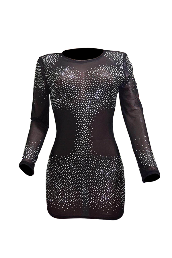  Sexy Round Neck Hot Drilling Decorative Black Polyester Mini Dress