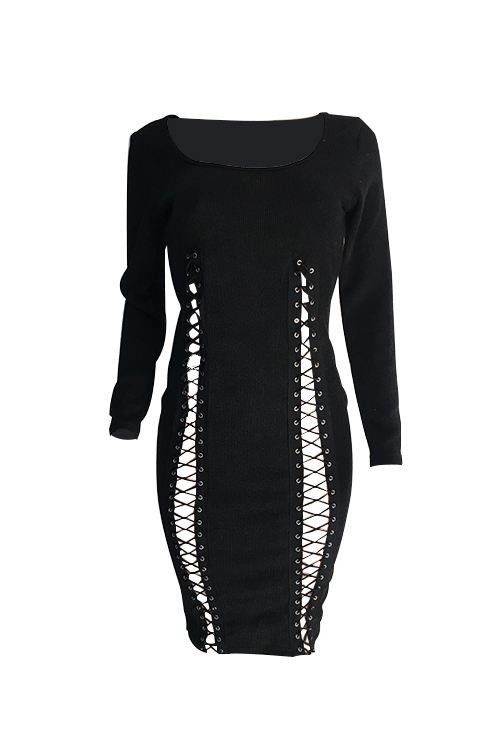  Sexy Round Neck Lace-up Black Polyester Sheath Mid Calf Dress