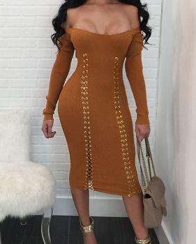  Sexy Round Neck Lace-up Brown Polyester Sheath Mid Calf Dress