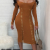  Sexy Round Neck Lace-up Brown Polyester Sheath Mid Calf Dress