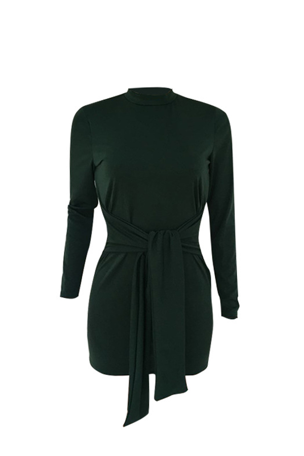  Sexy Round Neck Lacing Design Green Polyester Mini Dress