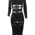  Sexy Round Neck Long Sleeves Gauze Patchwork Black Polyester Sheath Mid Calf Dress(Without Choker