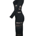  Sexy Round Neck Long Sleeves Gauze Patchwork Black Polyester Sheath Mid Calf Dress(Without Choker