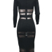  Sexy Round Neck Long Sleeves Gauze Patchwork Black Polyester Sheath Mid Calf Dress(Without Choker