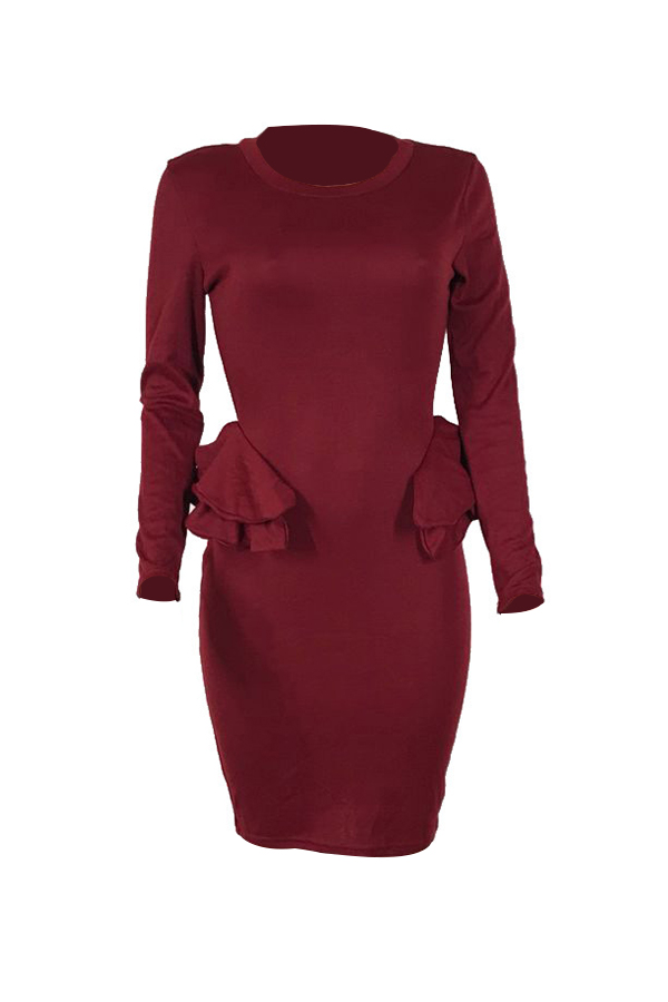  Sexy Round Neck Patchwork Wine Red Polyester Knee Length Dress