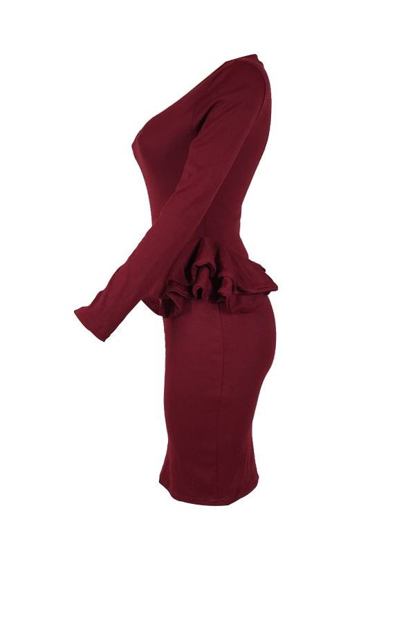  Sexy Round Neck Patchwork Wine Red Polyester Knee Length Dress