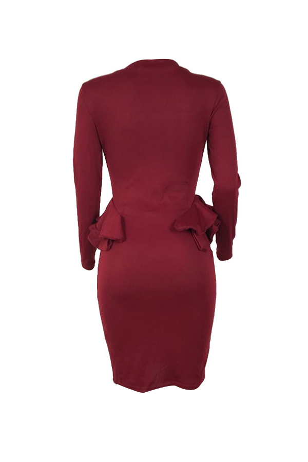  Sexy Round Neck Patchwork Wine Red Polyester Knee Length Dress