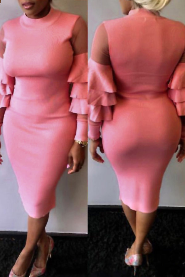  Sexy Round Neck Ruffle Sleeves Gauze Patchwork Pink Polyester Knee Length Dress