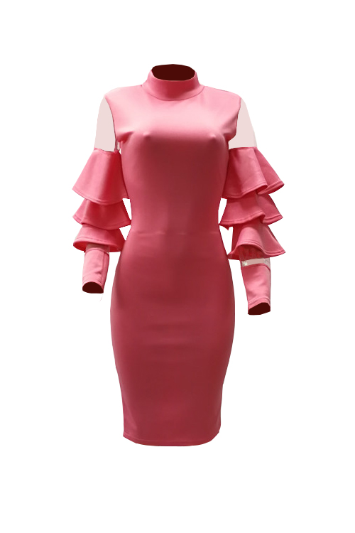  Sexy Round Neck Ruffle Sleeves Gauze Patchwork Pink Polyester Knee Length Dress