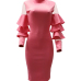  Sexy Round Neck Ruffle Sleeves Gauze Patchwork Pink Polyester Knee Length Dress