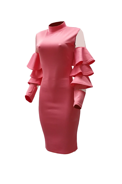  Sexy Round Neck Ruffle Sleeves Gauze Patchwork Pink Polyester Knee Length Dress