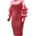  Sexy Round Neck Ruffle Sleeves Gauze Patchwork Pink Polyester Knee Length Dress